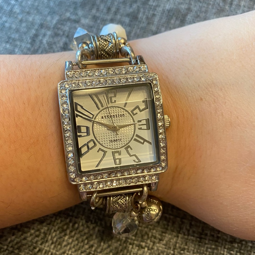 Attention Silver Crystal Accent Beaded Bracelet Watch